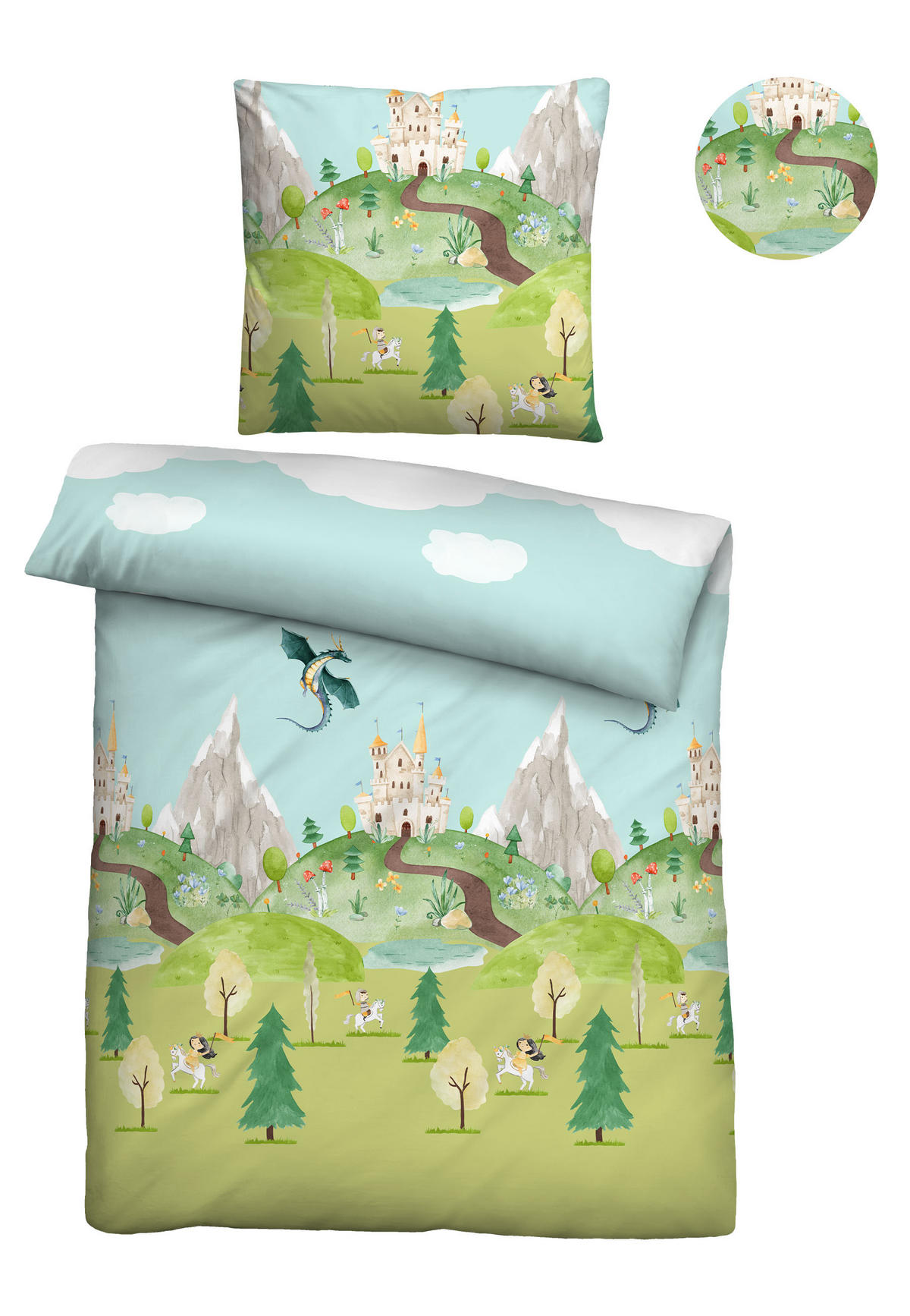 BETTWÄSCHE-GARNITUR Linon Ritterburg pistaziengrün, 135x200 cm + 80x80 cm - Hellgrün, Textil (135/200cm) - biberna