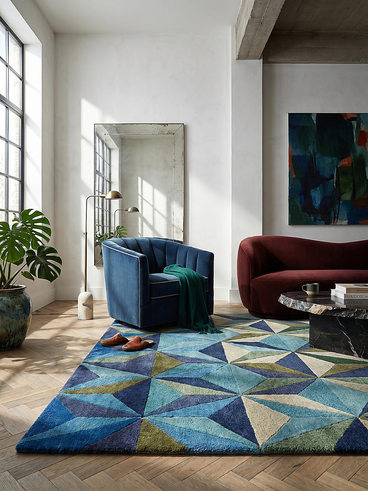 WOLLTEPPICH DERWENT, geometrisch, Florhöhe 10 mm, Blau-Grün, 120 x 170 cm - Blau, Textil (120/170cm) - KADIMA DESIGN