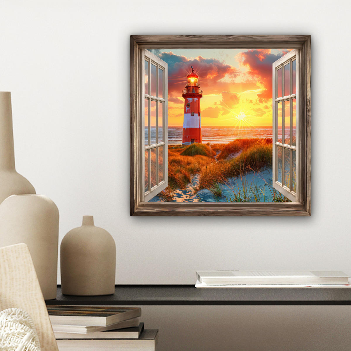 LEINWANDBILD Aussicht - Fenster - Leuchtturm - Sonnenuntergang - Strand Deko Wohnzimmer 20x20 cm - Dunkelorange, Textil (20/20cm) - MuchoWow
