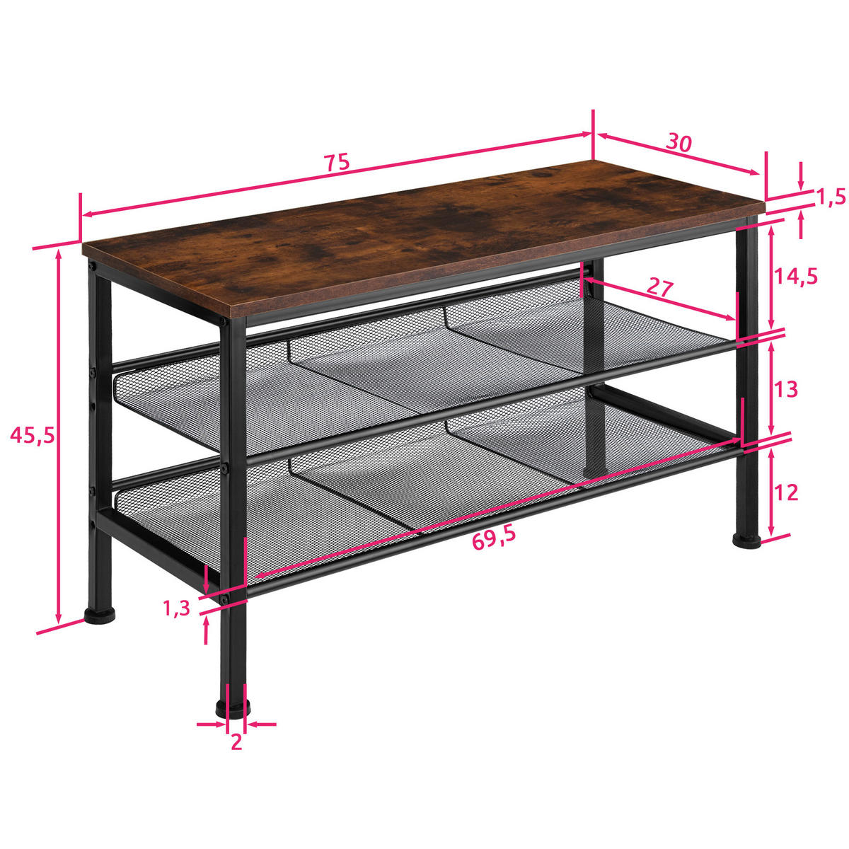 SCHUHREGAL Derry,75,5 x 30,5 x 45,5 cm,Industrial Holz dunkel, rustikal - Rostfarben, Holz (30.5/45.5/75.5cm) - tectake