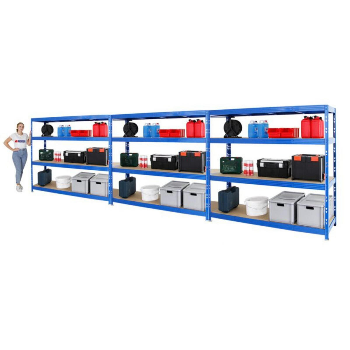 SCHWERLASTREGAL Rhino 3er-Set mit 3x 180x200x60 cm 4 Spanplatten-Ebenen 16mm Fachlast 500 kg Blau - Blau, Metall (600/180/60cm) - PROREGAL