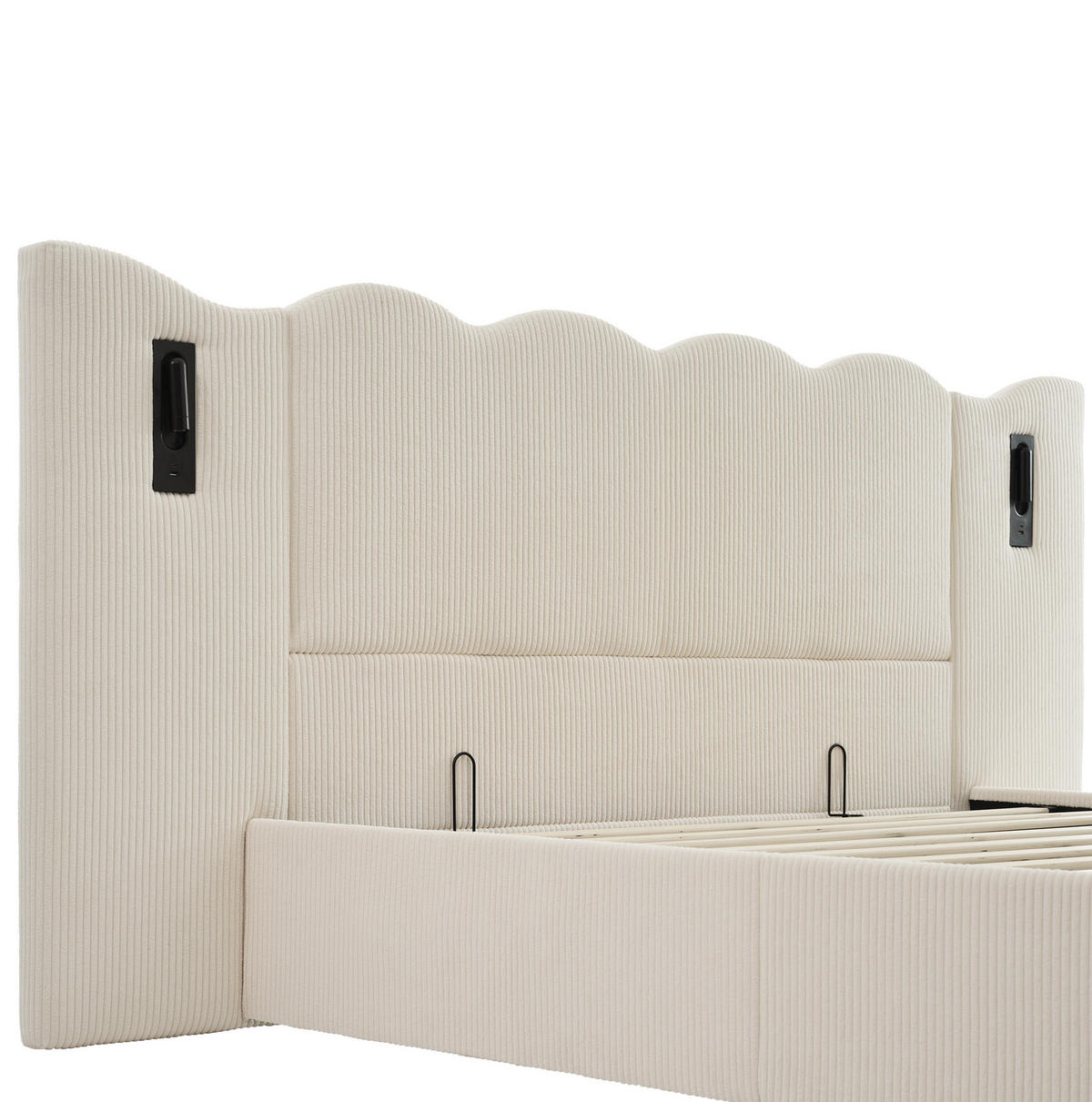 POLSTERBETT 180/200 cm beige-weiß aus Cordstoff mit Stauraum, USB-C und Leselampe - Beige, Textil (180/200cm) - OKWISH