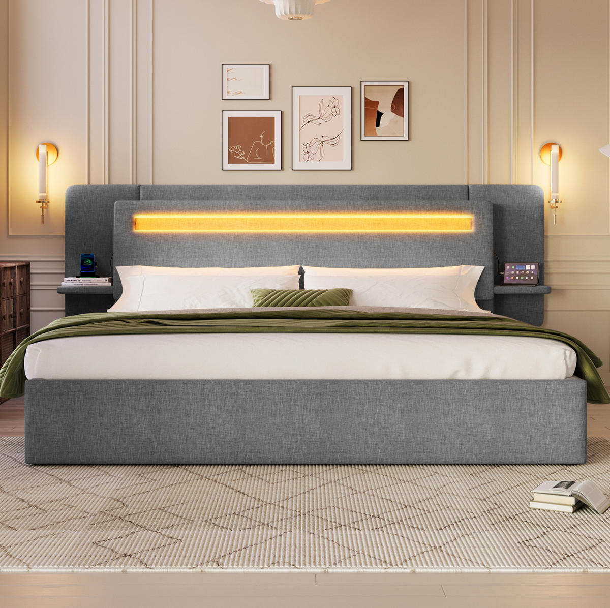 POLSTERBETT aus MDF und Leinen 180x200 cm Grau mit Bettkasten, LED-Beleuchtung, Nachttisch und USB-Anschluss - Grau, Textil (180/200cm) - Modfu