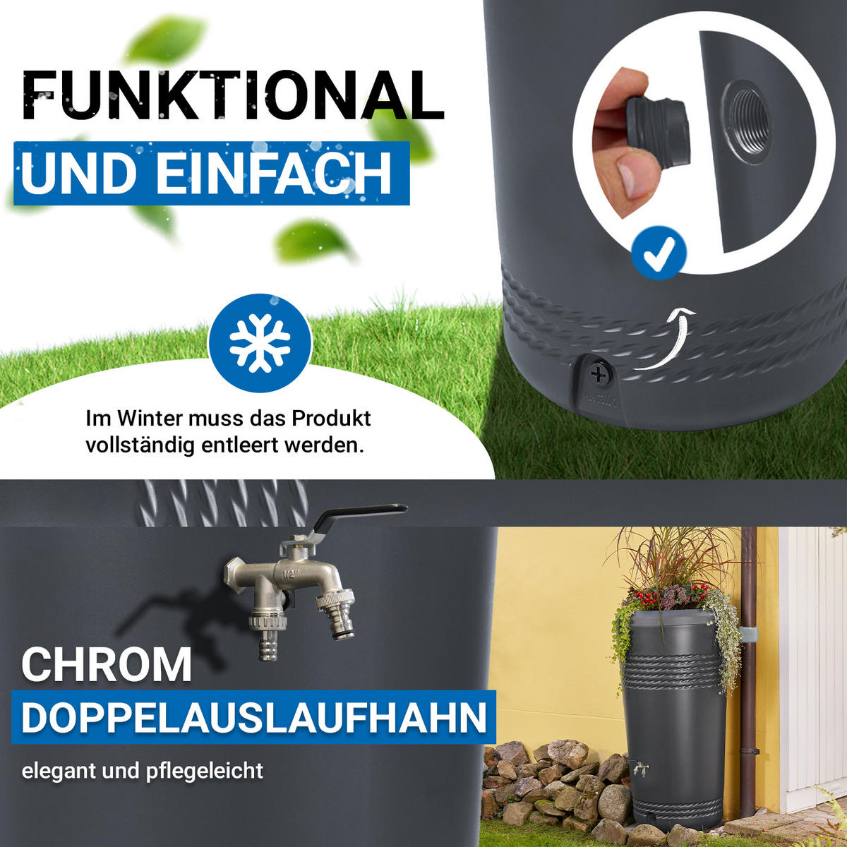 2IN1 Regentonne Komplett-Set 230 L, graphite grey inkl. Chrom-Doppelauslaufhahn und Fallrohranschluss - Grau, Kunststoff (59/114/60cm) - 4rain