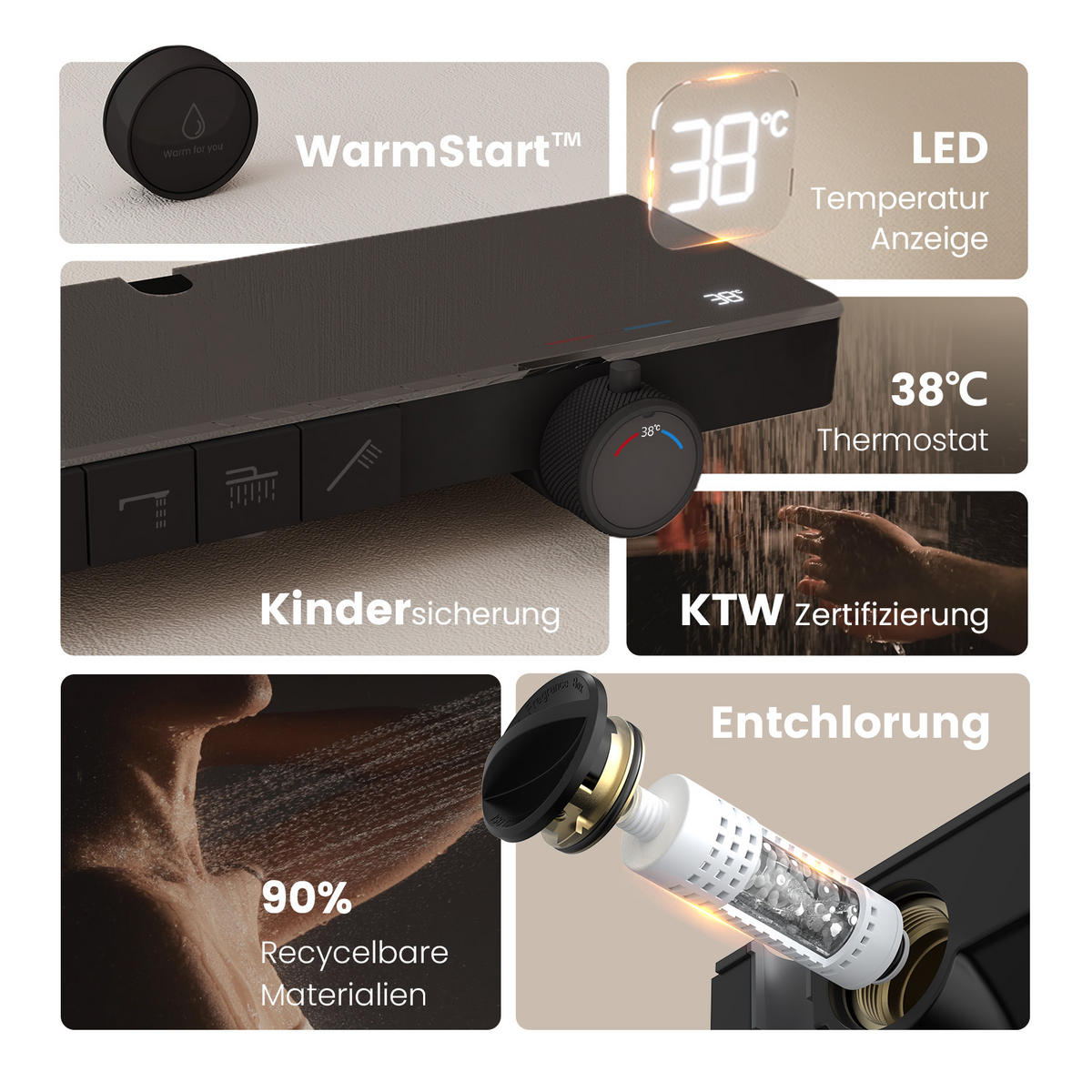 ÜBERKOPFBRAUSESET mit Handbrause Thermostat Vielseitig Schwarz - Schwarz, Metall (40/113/58cm) - EMKE