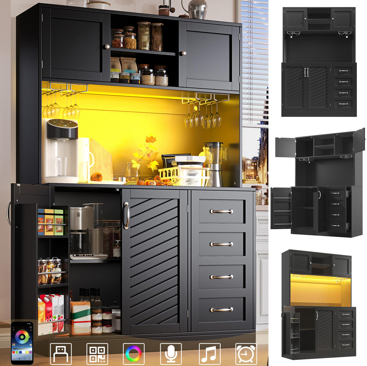 BUFFETSCHRANK mit LED-Beleuchtung 120 x 40 x 188 cm MDF Schwarz - Schwarz, Holzwerkstoff (40/188/120cm) - Meubliv