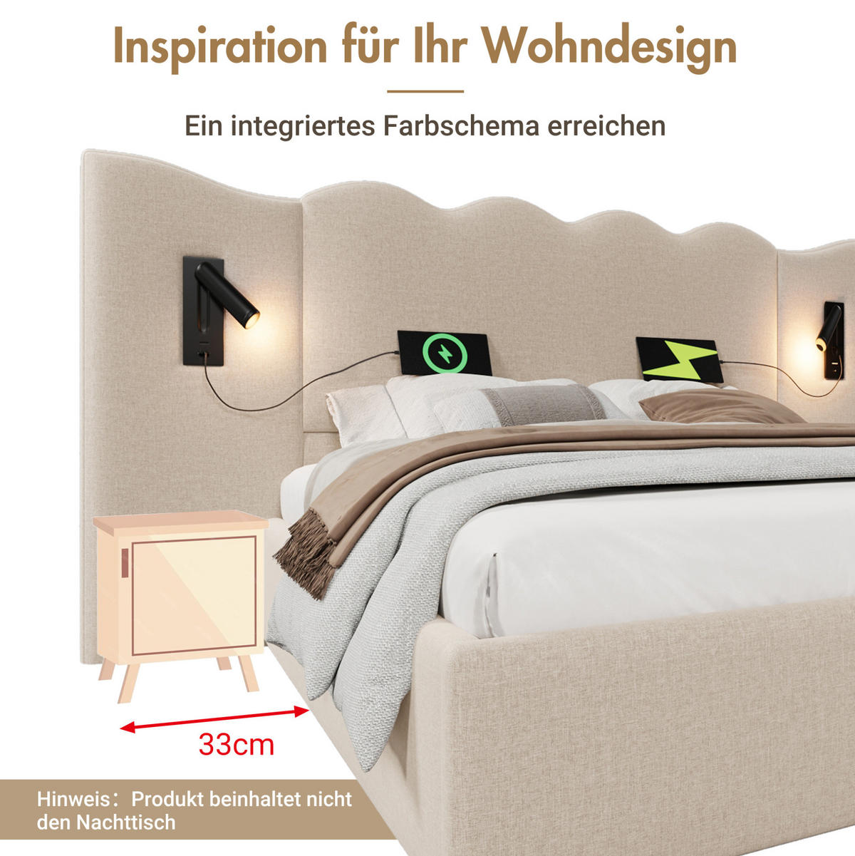 POLSTERBETT 180/200 cm mit Leselampe, USB- und Type-C-Anschluss, hydraulischem Stauraum und Wellenkopfteil, Beige - Beige, Textil (180/200cm) - Redom