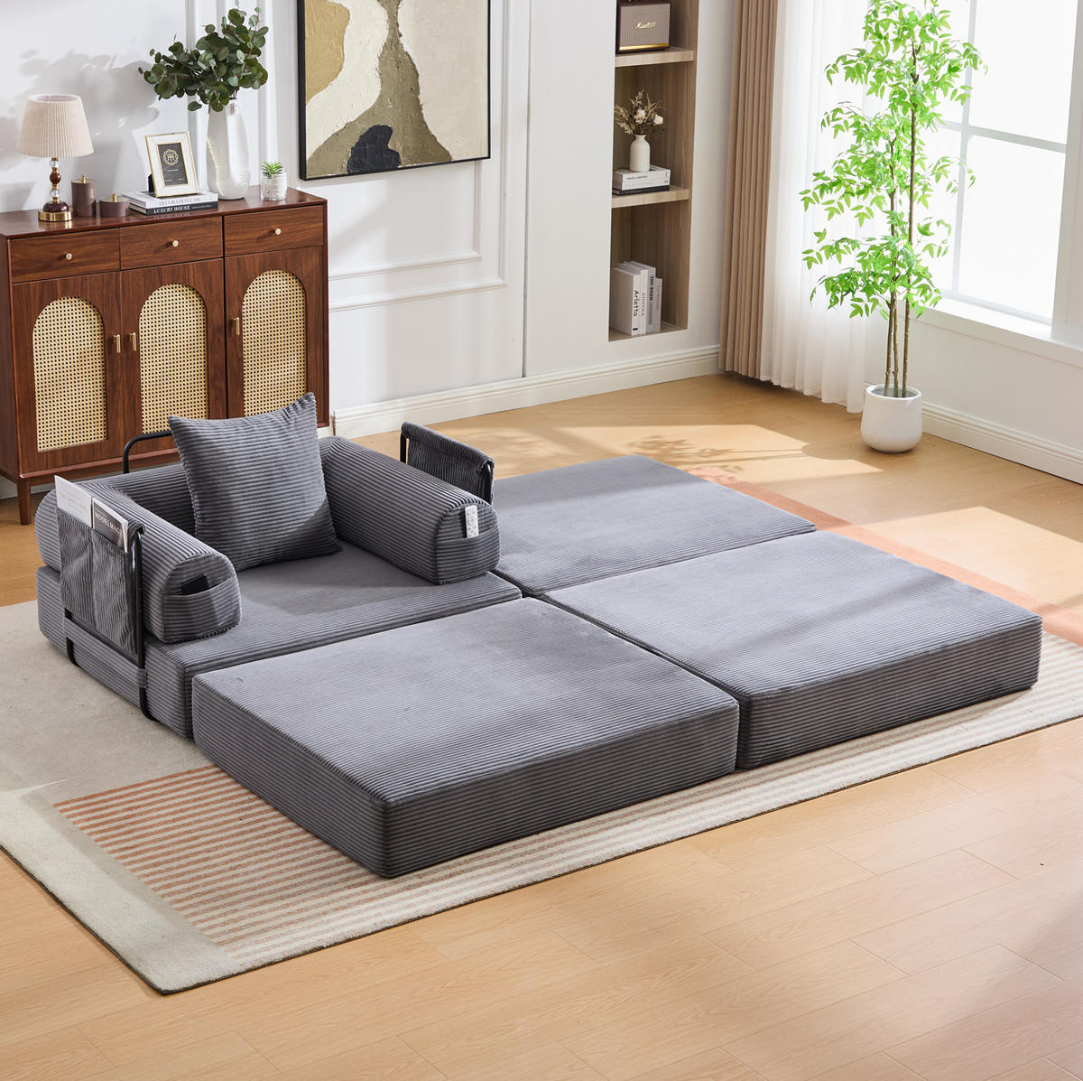 SOFA modular mit Hocker 112 x 190 x 67 cm Corduroy Dark Gray - Dunkelgrau, Kunststoff (190/67/112cm) - Meubliv