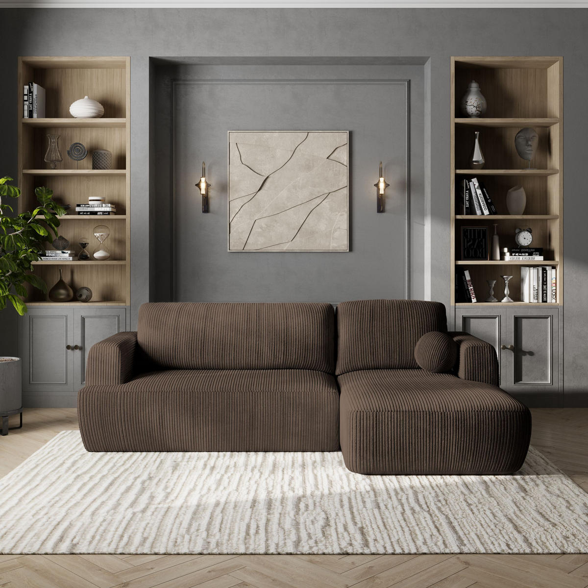 ECKSOFA SENTI P R-S Braun Kordstoff mit Schlaffunktion - Schwarz/Braun, Holz/Kunststoff (246/148cm) - MASSENO