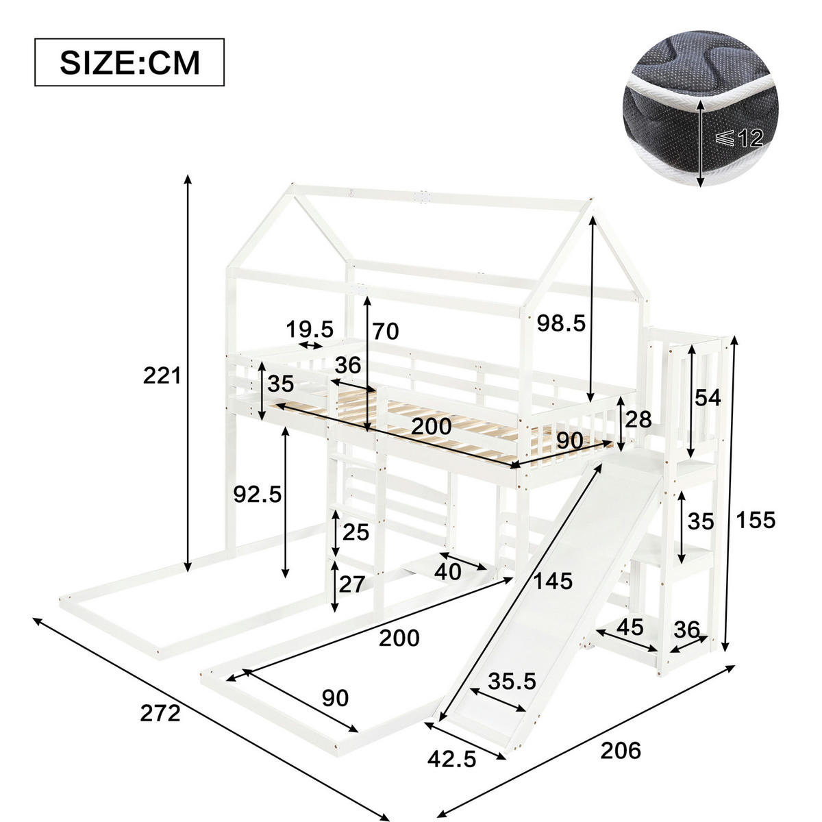 ETAGENBETT aus Kiefer und MDF 90x200 cm Weiß mit Rutsche, Leiter, Dachdesign und 3 Schlafplätzen - Weiß, Holzwerkstoff (90/200cm) - Modfu