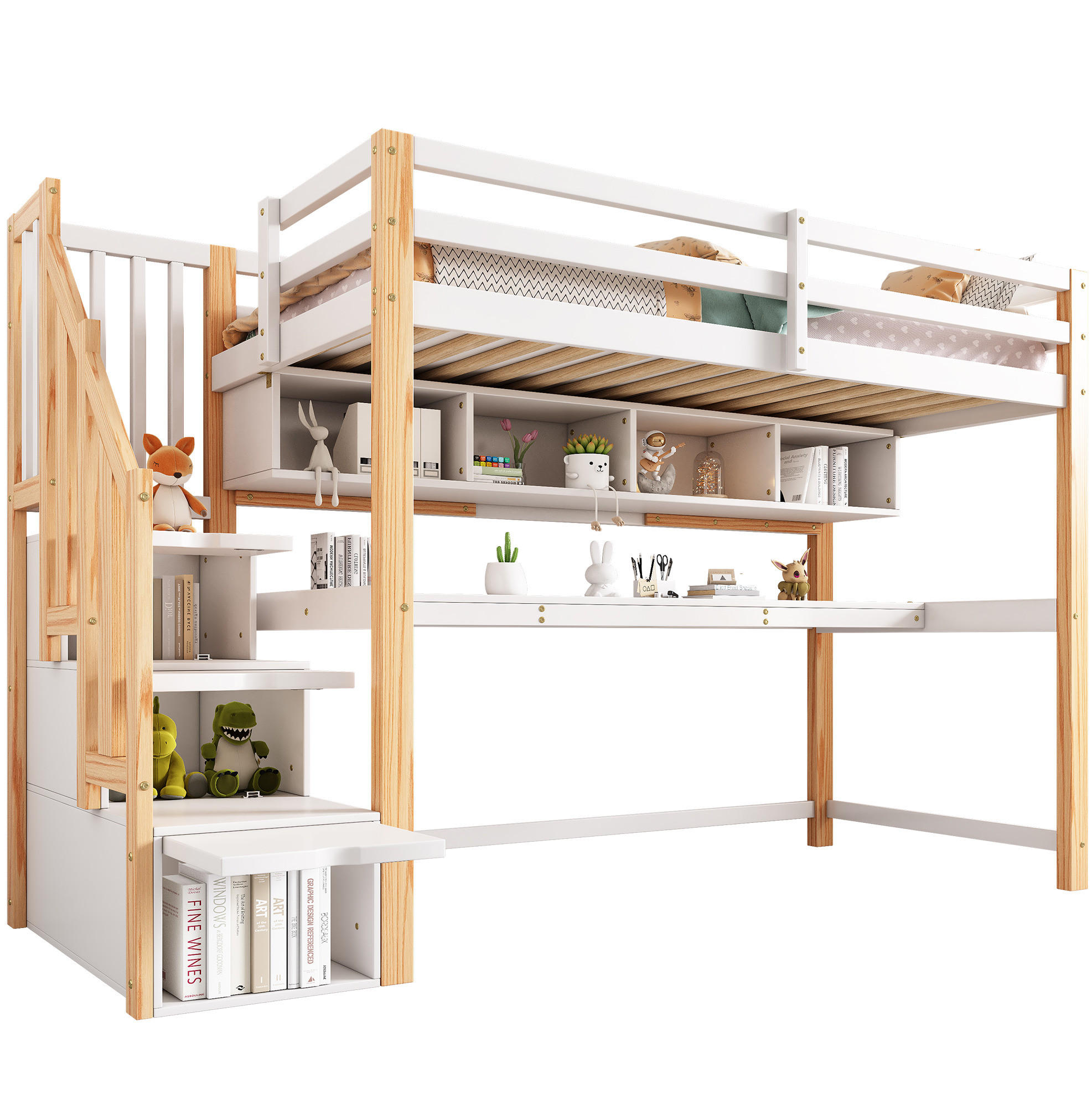 HOCHBETT 90/200 cm weiß/eiche aus Massivholz und MDF mit Schreibtisch und Treppe - Weiß, Holzwerkstoff (90/200cm) - OKWISH