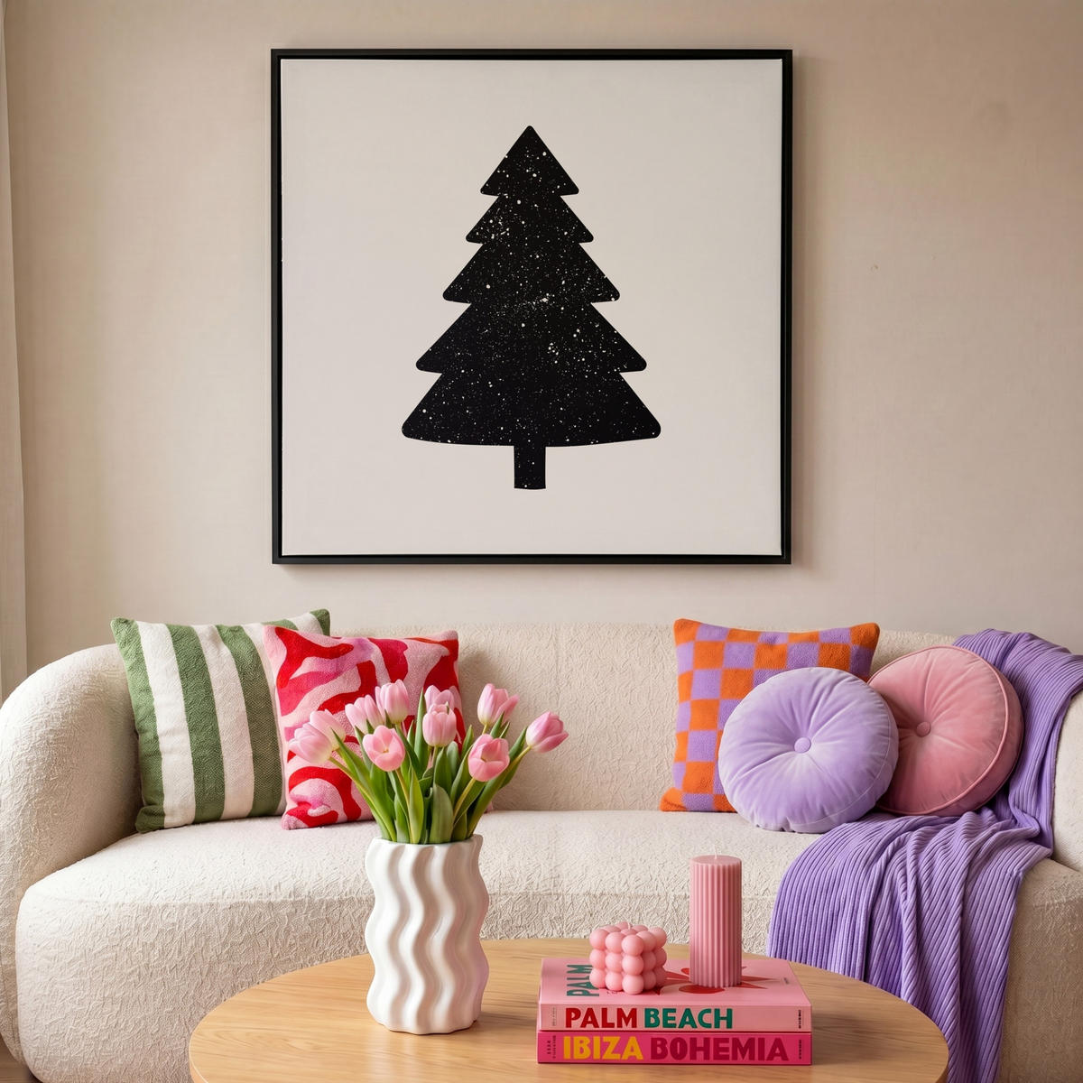 LEINWAND Bilder mit Rahmen - Weihnachtsbaum - Schwarz - Urlaub - Beige - 90x90 - Schwarz, Textil (90/90cm) - MuchoWow