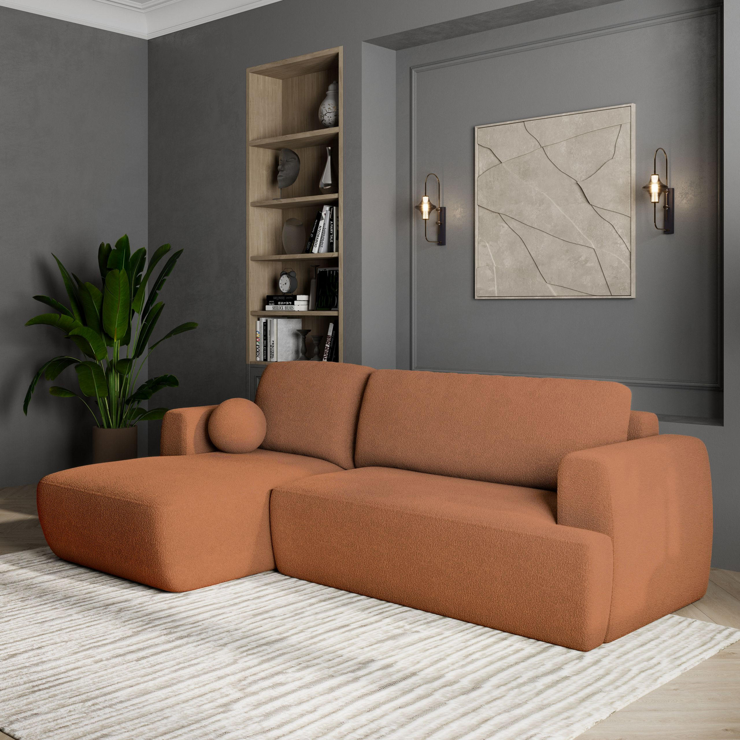 ECKSOFA SENTI N L-S Orange Boucle-Stoff mit Schlaffunktion - Orange, Holz (246/148cm) - MASSENO
