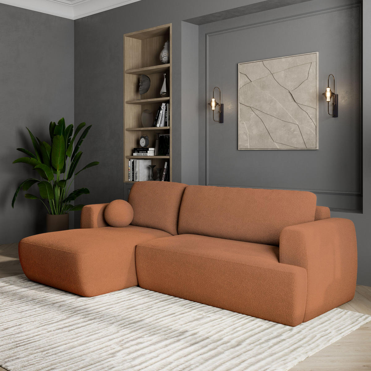 ECKSOFA SENTI N L-S Orange Boucle-Stoff mit Schlaffunktion - Orange, Holz (246/148cm) - MASSENO