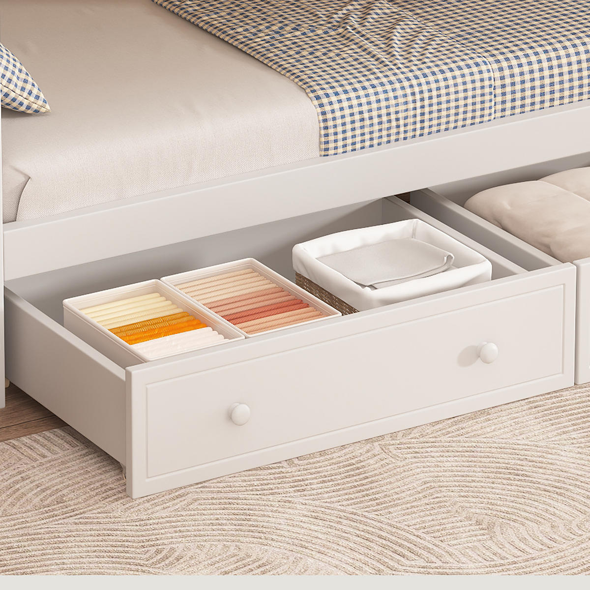 ETAGENBETT 90/200 cm Weiß+Natur mit Stauraumtreppe und zwei Rollen-Schubladen - Weiß, Holzwerkstoff (90/200cm) - OKWISH