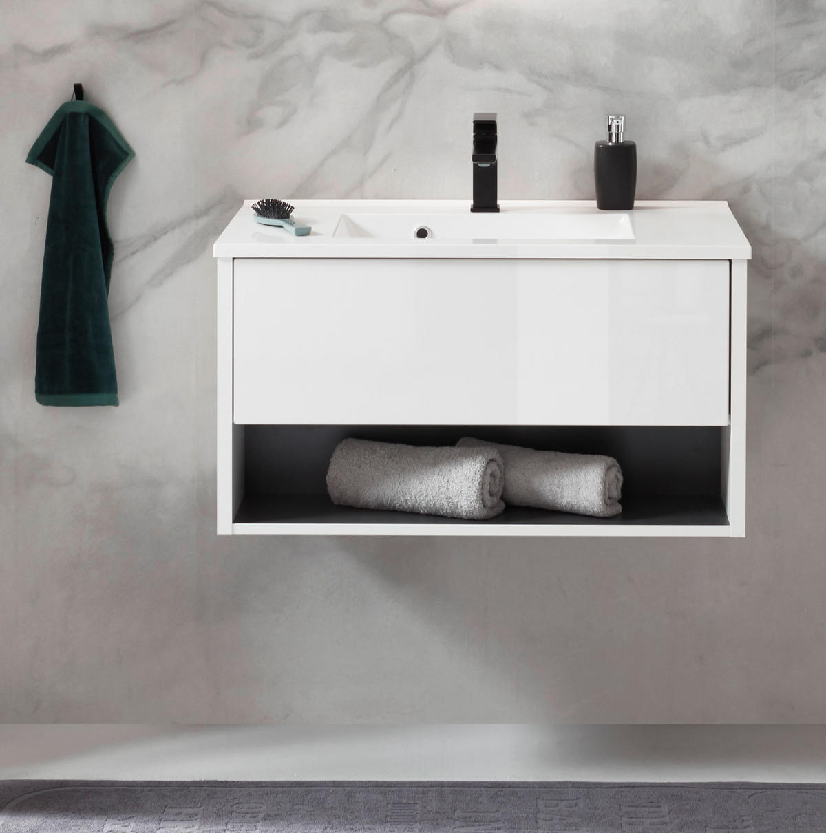 WASCHBECKENUNTERSCHRANK mit Waschbecken weiß Hochglanz, grau 80 cm hängend - Weiß Hochglanz/Grau, Holzwerkstoff/Metall (80/44/47cm) - Furn.Design