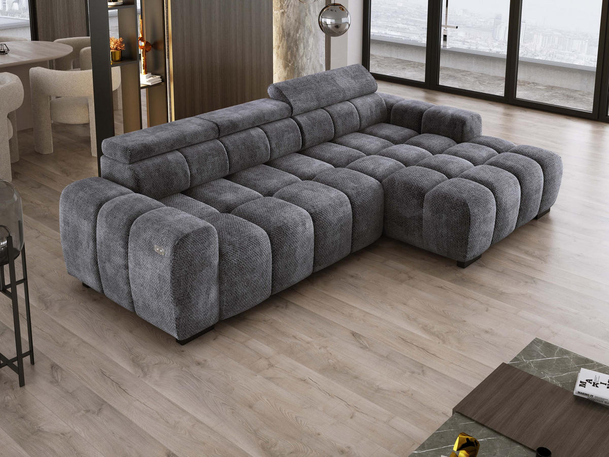 ECKSOFA OMBO 285x168x77/97 cm, Rechts, Schlaffunktion, elektr. Sitz, Kopfstützen, hydrophober EDEN-Stoff – Graphit - Anthrazit, Holz/Textil (285/168cm) - DomoHome