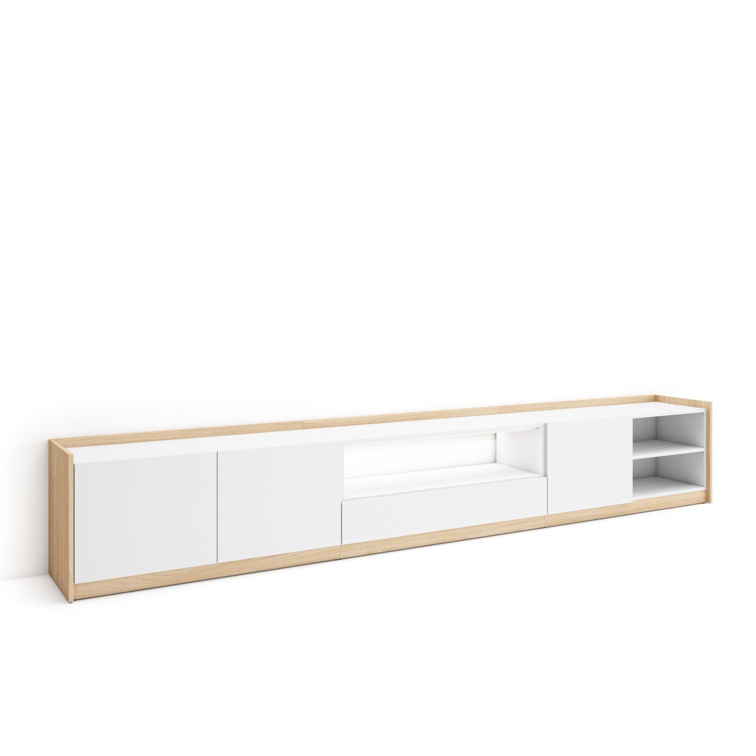 LOWBOARD, Weiß und Eiche, 310/37/50cm, mit Led - Weiß, Holzwerkstoff (310/50/37cm) - Skraut Home