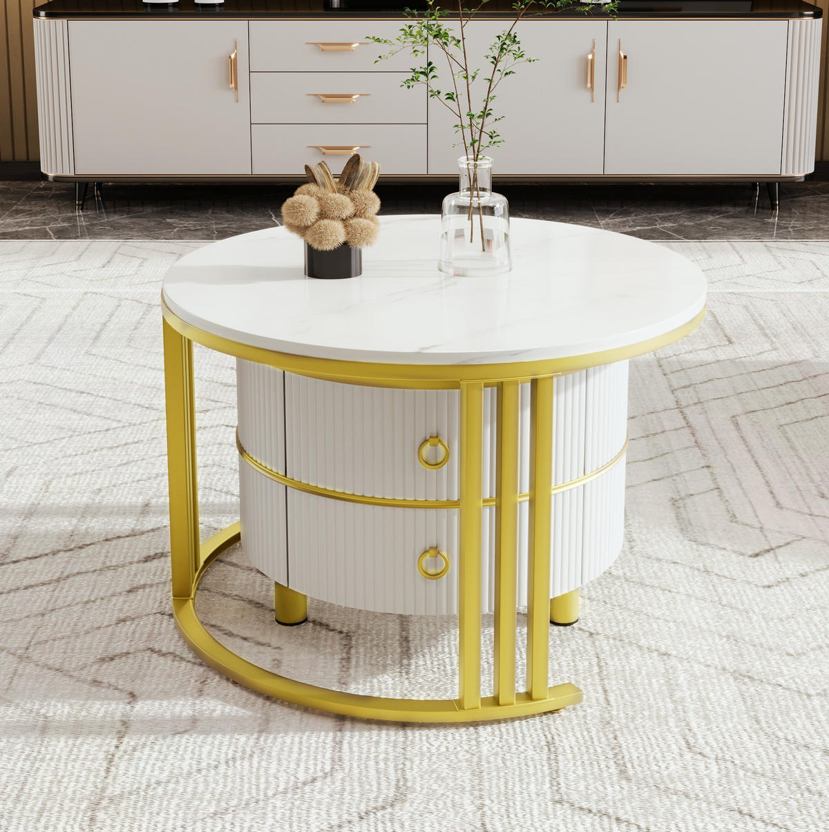 COUCHTISCH-SET, MDF mit Marmormuster und Hochglanzplatte, 2 runde Tische mit Schubladen, 70/70/46 + 50/50/40 cm, Gold und Weiß - Weiß, Holzwerkstoff (70/70/46cm) - Redom