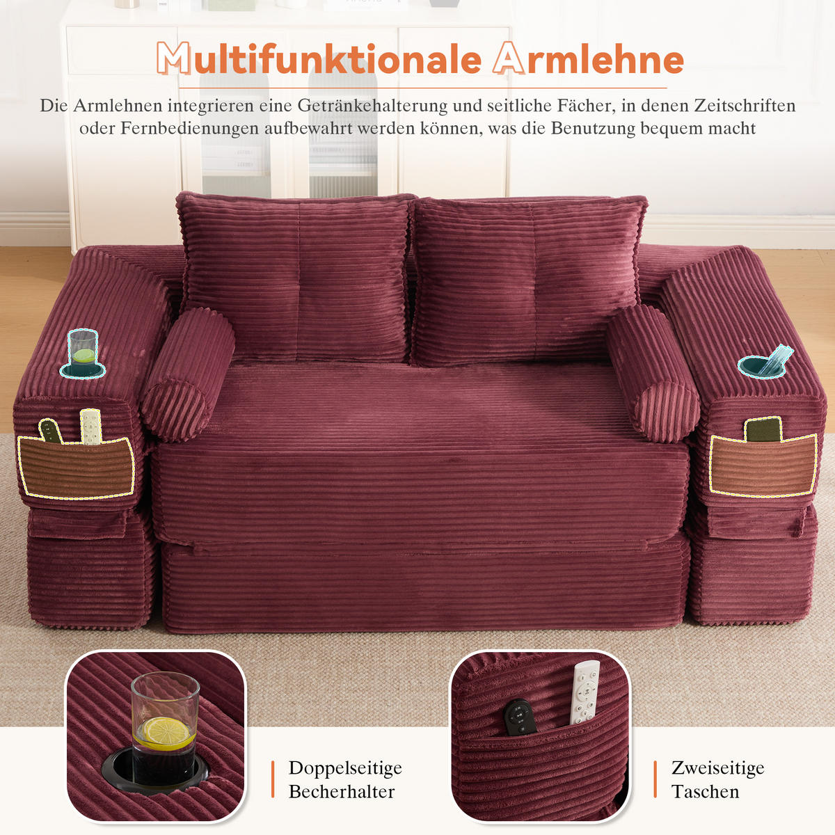 SCHLAFSOFA mit Klappfunktion, Memory-Kissen und Getränkehalter aus Cord - Weinrot, Textil (180/80/98cm) - EVRYAE