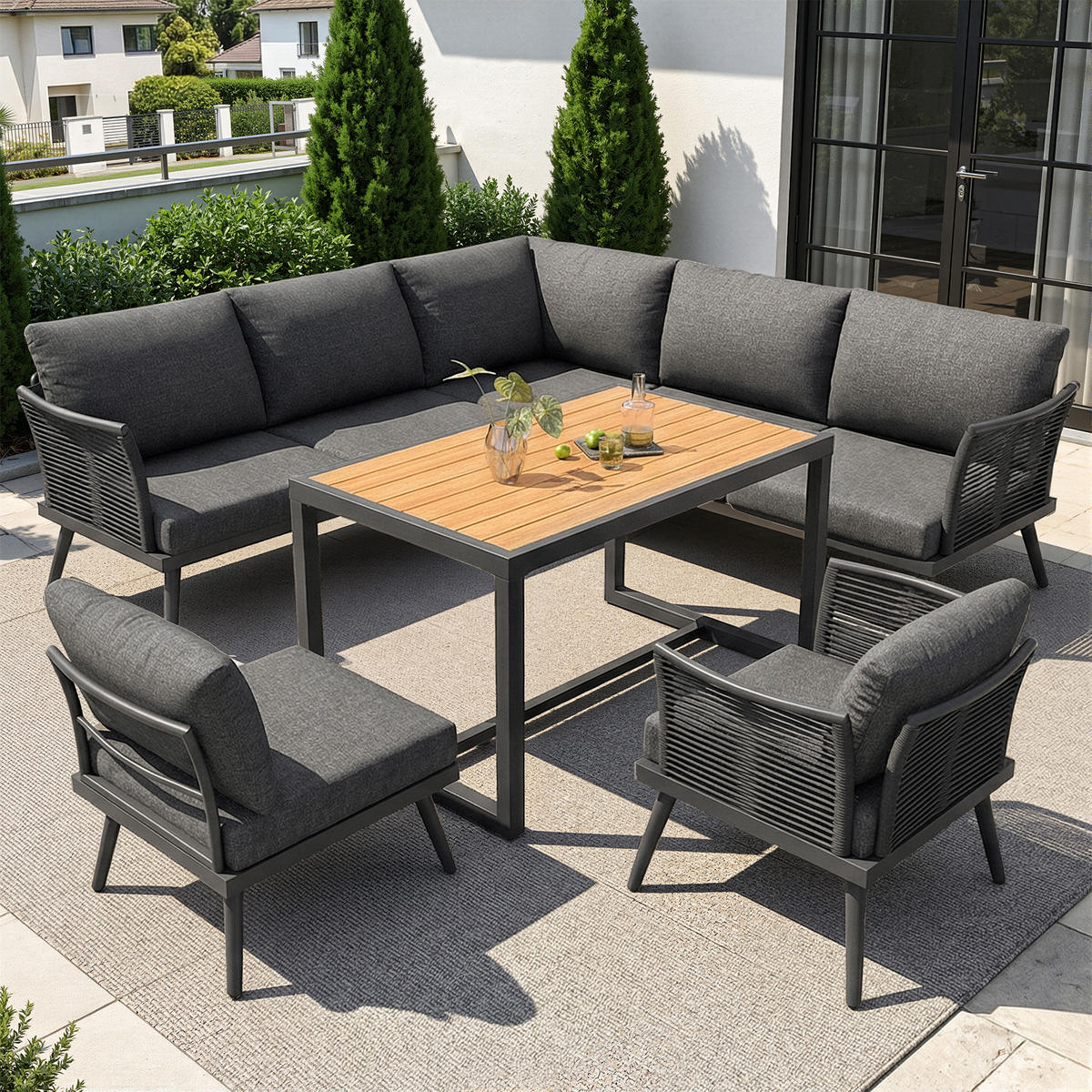 GARTENSET L-Form 7 Personen Grau Inkl. Tisch & Sessel Mit Polstern - Grau, Metall - FLIEKS