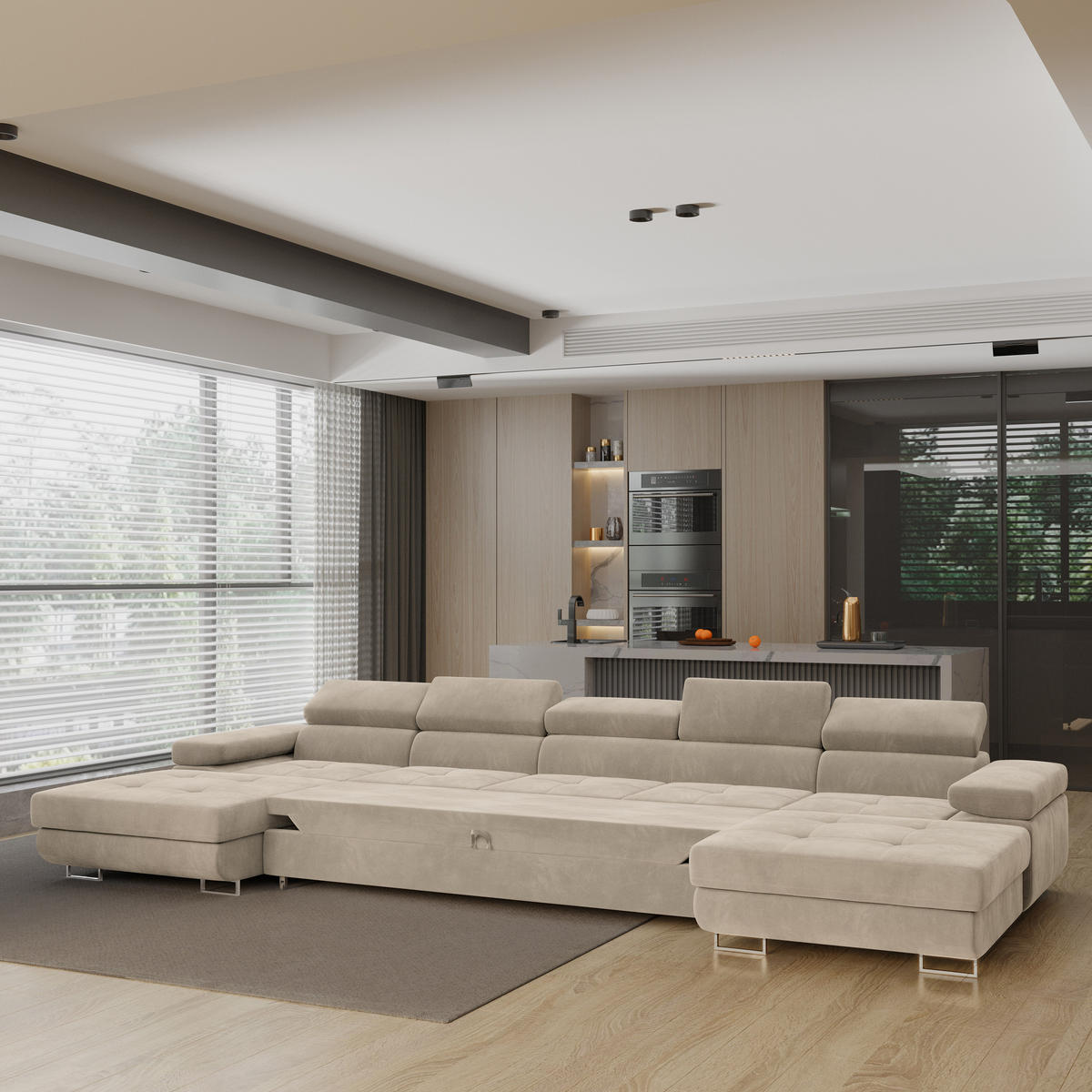 WOHNLANDSCHAFT OMBRA Creme Velours-Stoff mit Schlaffunktion - Creme, Holz (425/90/202cm) - MASSENO