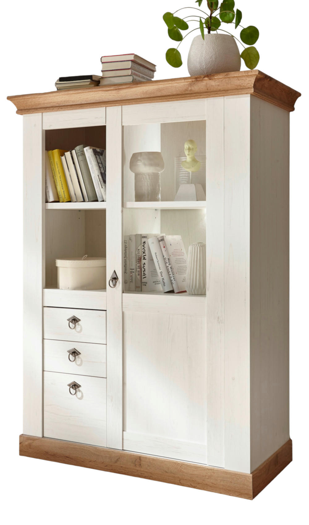 VITRINE weiß Pinie, Eiche 102 x 139 cm, Highboard im Landhaus-Stil - Eiche Wotan/Weiß, Glas/Holzwerkstoff (102/139/44cm) - Furn.Design