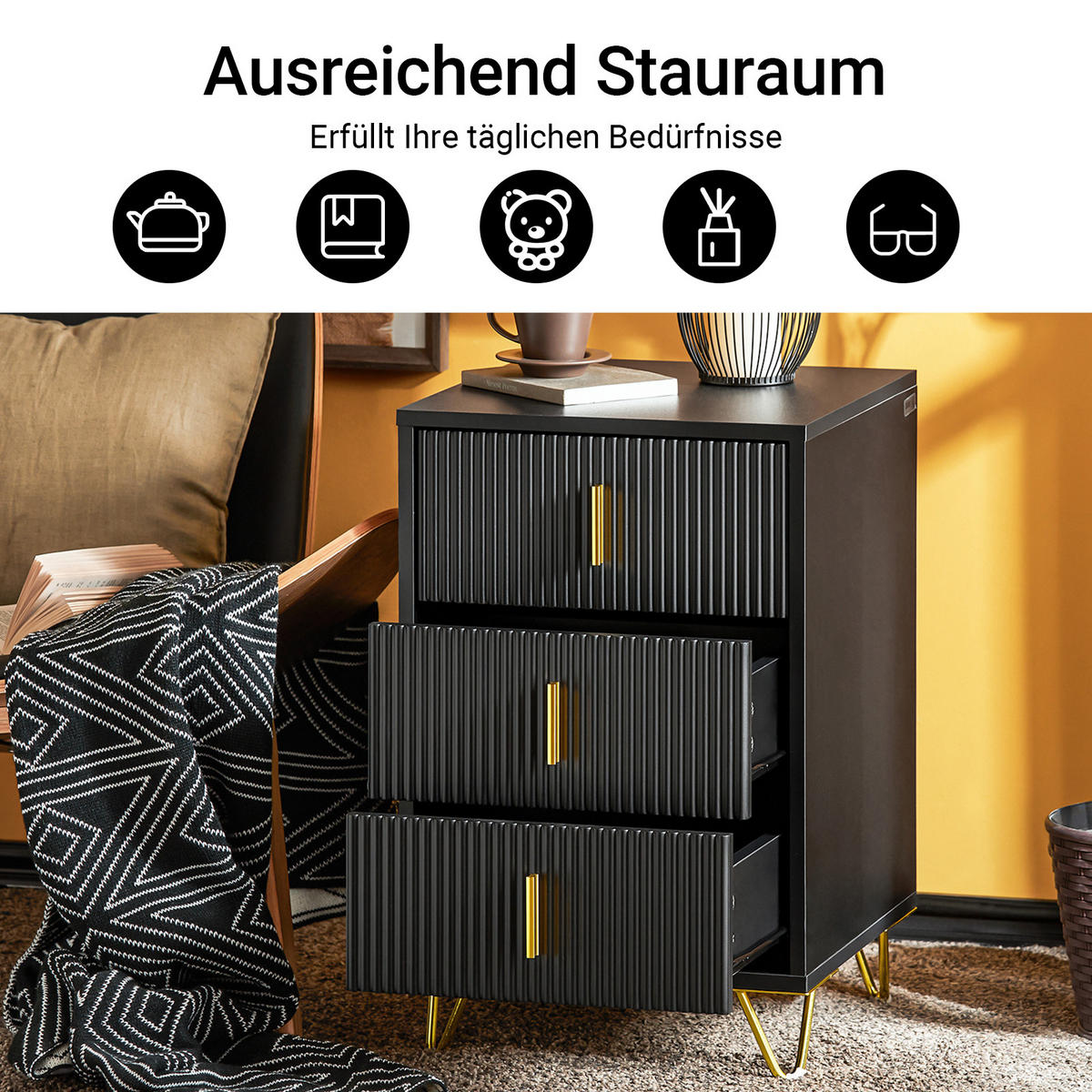 NACHTTISCH mit 3 Schubladen, Schwarz, 40x63x40cm - Schwarz, Holzwerkstoff/Metall (40/63/40cm) - SoBuy