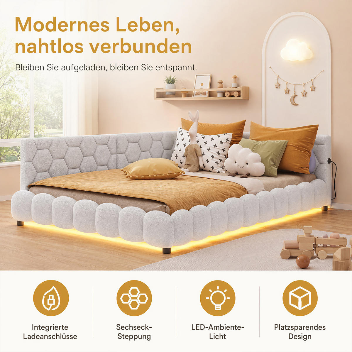 POLSTERBETT 140x200 mit USB und LED, Doppelbett 140x200 cm mit Lattenrost, Jugendbett, Samt, Weiß - Weiß, Holz/Textil (140/200cm) - GENKI LIVING
