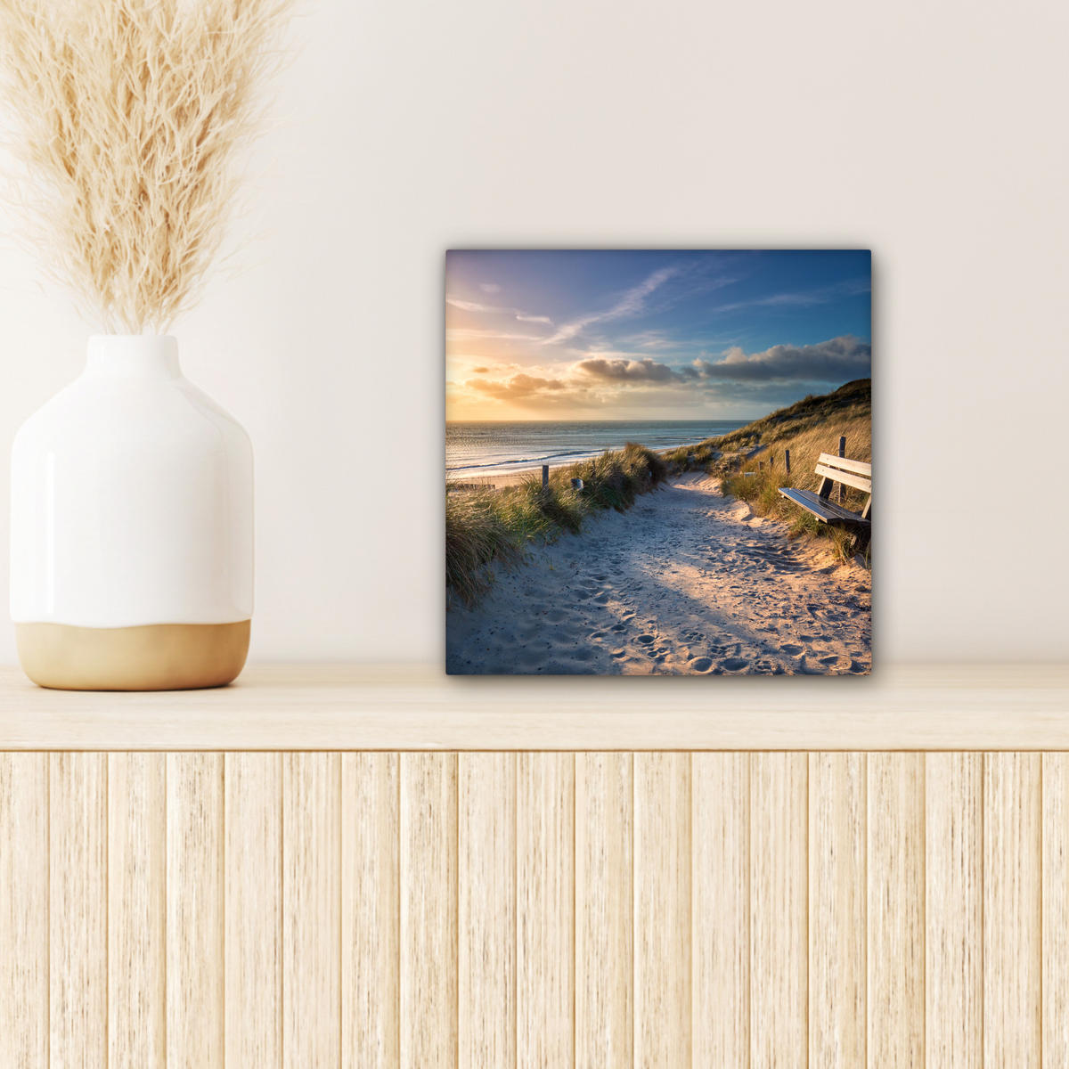 LEINWANDBILD - Sonnenuntergang - Strand - Düne - Gras - Ufer - 20x20 - Wandbilder - Sandfarben, Textil (20/20cm) - MuchoWow