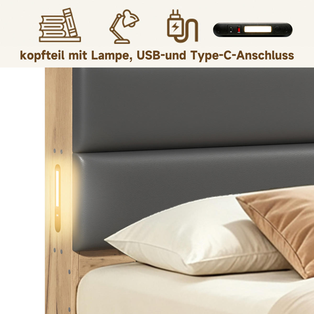 KINDERBETT 140/200 cm mit USB und Stauraum, DE-41825, in Naturfarbe - Naturfarben, Holzwerkstoff (140/200cm) - ComfortXL
