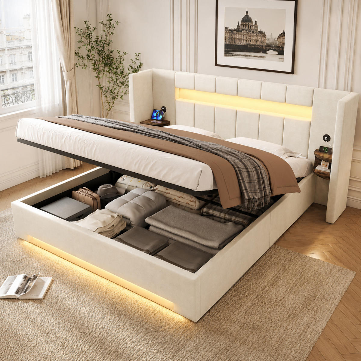POLSTERBETT 160/200 cm in Beige mit Stauraum, LED und USB Samt - Beige, Holzwerkstoff/Textil (160/200cm) - STILVORA