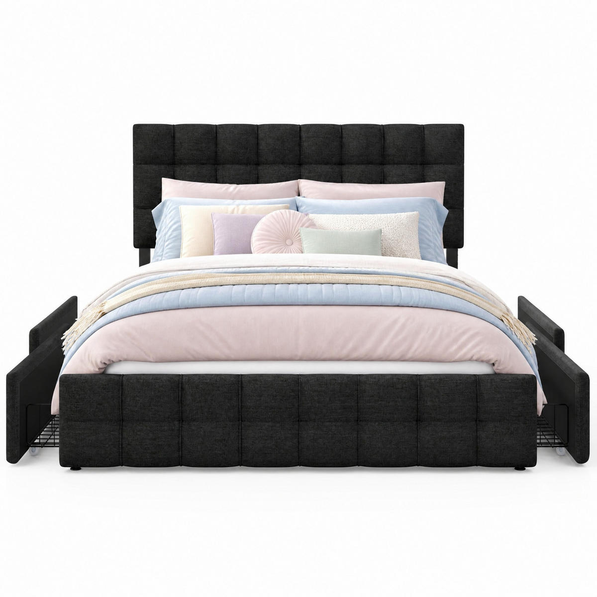 POLSTERBETT 140/200 cm in Schwarz mit 4 Schubladen und Verstellbarem Kopfteil Leinen - Schwarz, Holzwerkstoff/Textil (140/200cm) - CHICFURN