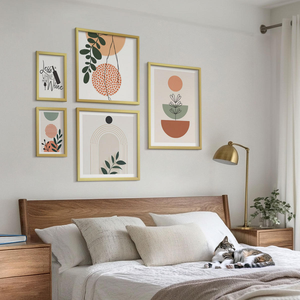 WANDBILDER 5er Set - 50x50 cm & 20x30 cm & 40x60 cm Goldrahmen - Abstrakte Pflanzenformen - Goldfarben, Kunststoff (40/60cm) - ArtPrintCave