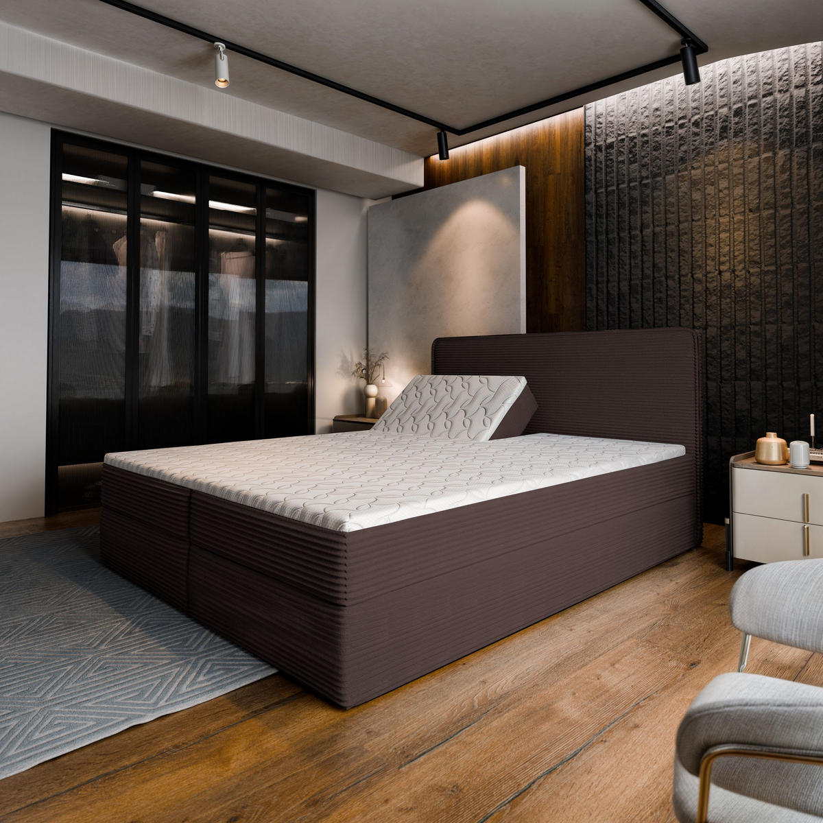 BOXBETT ASTOR 160x200 cm mit Matratze und Topper - Braun - Braun, Holz (160/200cm) - MASSENO