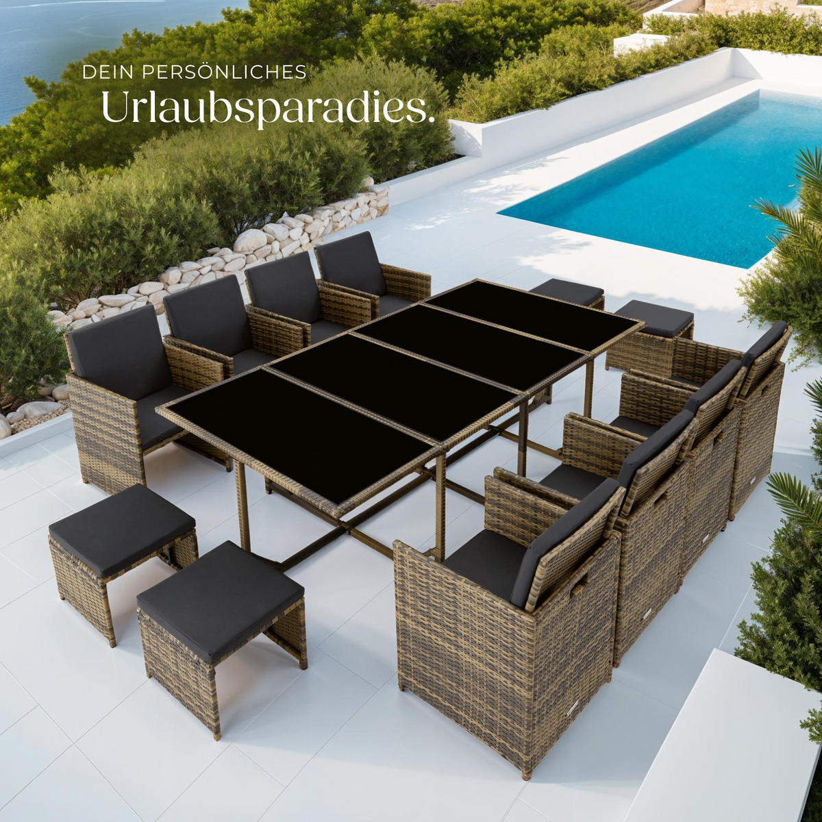 RATTAN SITZGRUPPE Palma,zusammenschiebbar, inklusive Schutzhülle,natur/dunkelgrau - Dunkelgrau/Naturfarben, Kunststoff - tectake