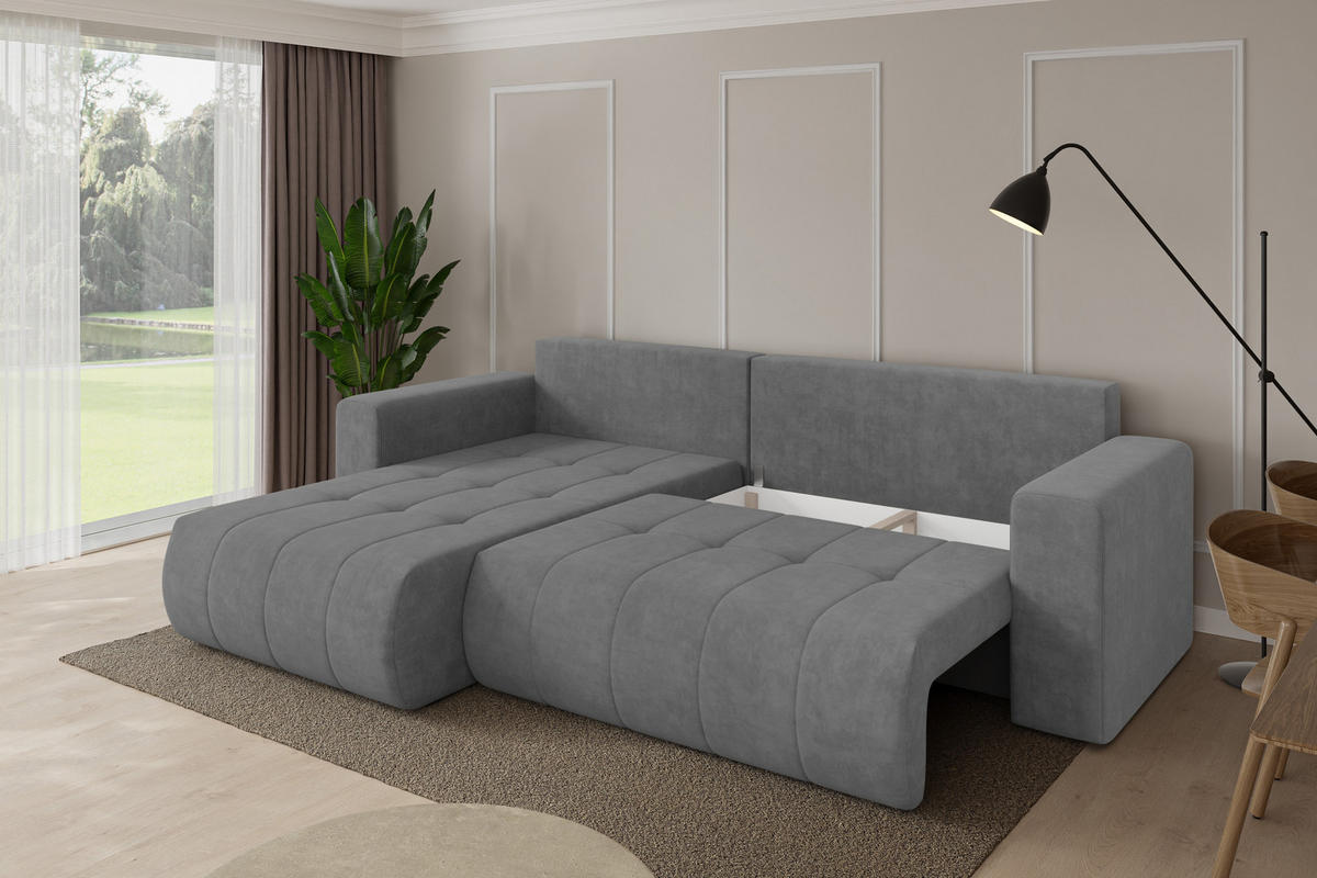 ROHOVÁ SEDAČKA s funkcí spaní, otoman vlevo MILA-L 277x194x86 šedá velur - černá/šedohnědá, kompozitní dřevo/textil (277/194cm) - ALTDECOR