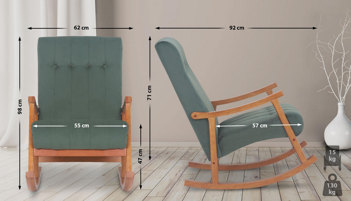 SCHAUKELSTUHL Samt Walnuss/Grün - Walnussfarben/Grün, Holz/Textil (62/98/92cm) - CLP