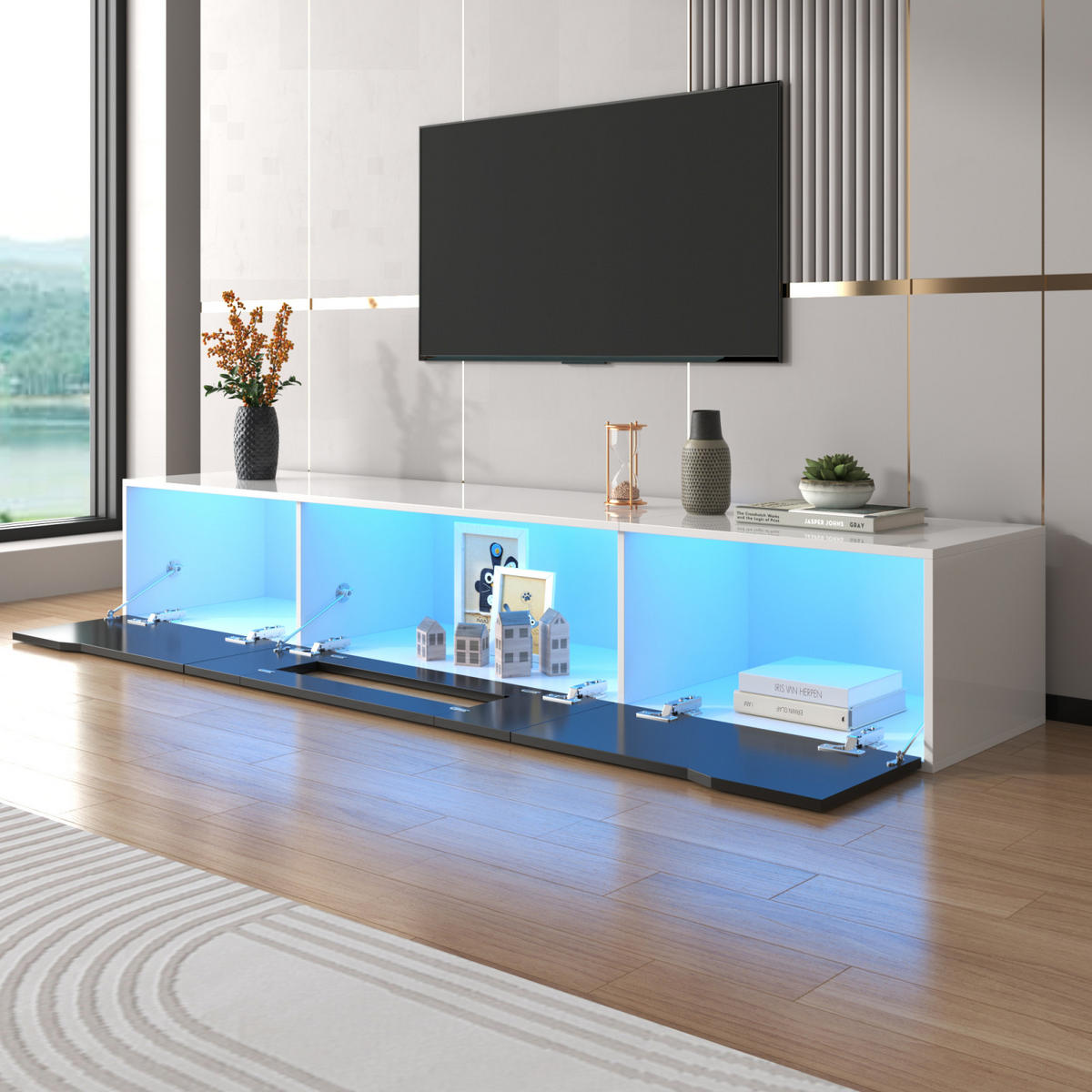 TV Lowboard LED, Hochglanz, Schwarz Weiß - Weiß, Holz (142/17/46cm)