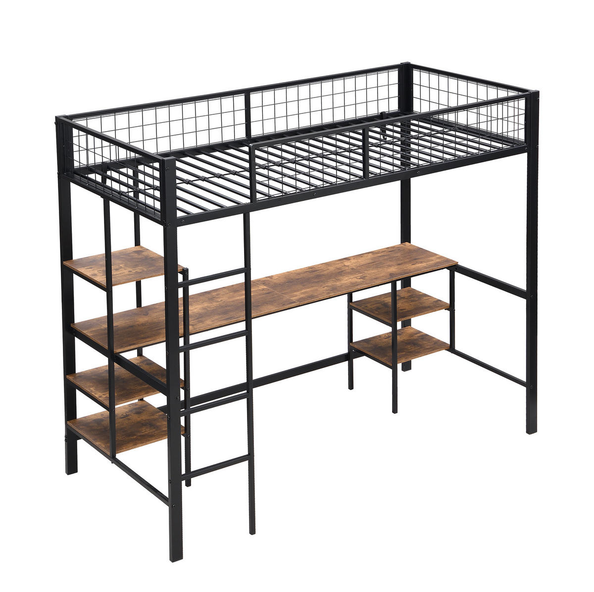 ETAGENBETT aus Metall und Spanplatte 90x200 cm Schwarz mit Schreibtisch, Regalen und 4-stufiger Leiter - Schwarz, Metall (90/200cm) - Modfu