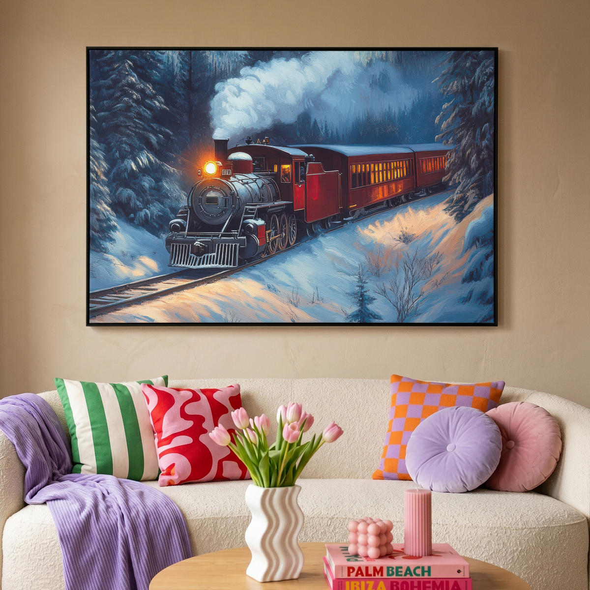 LEINWAND Bilder mit Rahmen - Zug - Weihnachten - Schnee - Weihnachtszug - 140x90 - Anthrazit, Textil (140/90cm) - MuchoWow