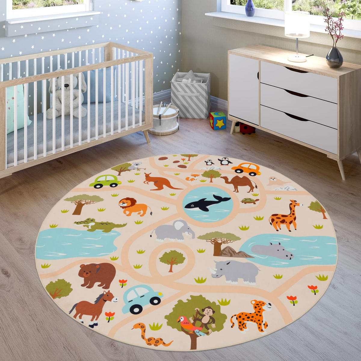 KINDERTEPPICH waschmaschinenwaschbar Safari‑Straßen‑Muster Kinderzimmer schmutzabweisend Mehrfarbig Rund 160D - Multicolor, Textil (160/160cm) - KADIMA DESIGN