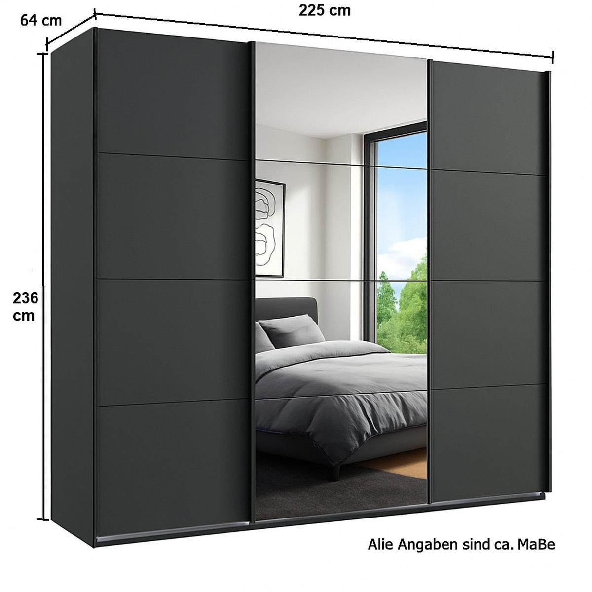 SCHWEBETÜRENSCHRANK 3-türig extrahoch in Grafit, eine Tür mit Spiegel, B225/H236/T64 cm / 22540 - Schwarz/Graphitfarben, Holzwerkstoff/Metall (225/236/64cm) - luma-home