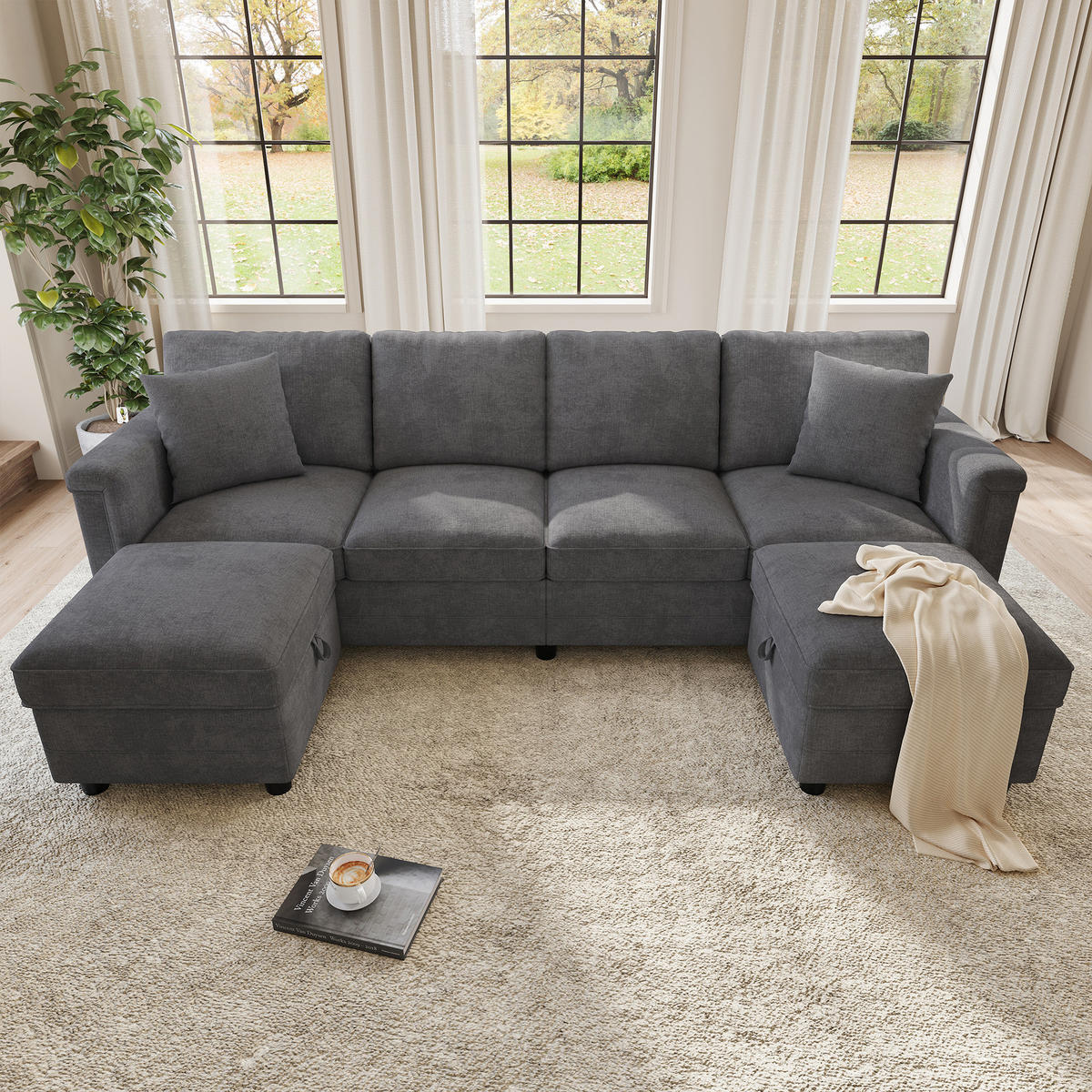 WOHNLANDSCHAFT Modular umwandelbar L-/U-Form mit 2 Stauraumhockern, DE-42506, Grau - Grau, Metall (261/82/134cm) - ComfortXL