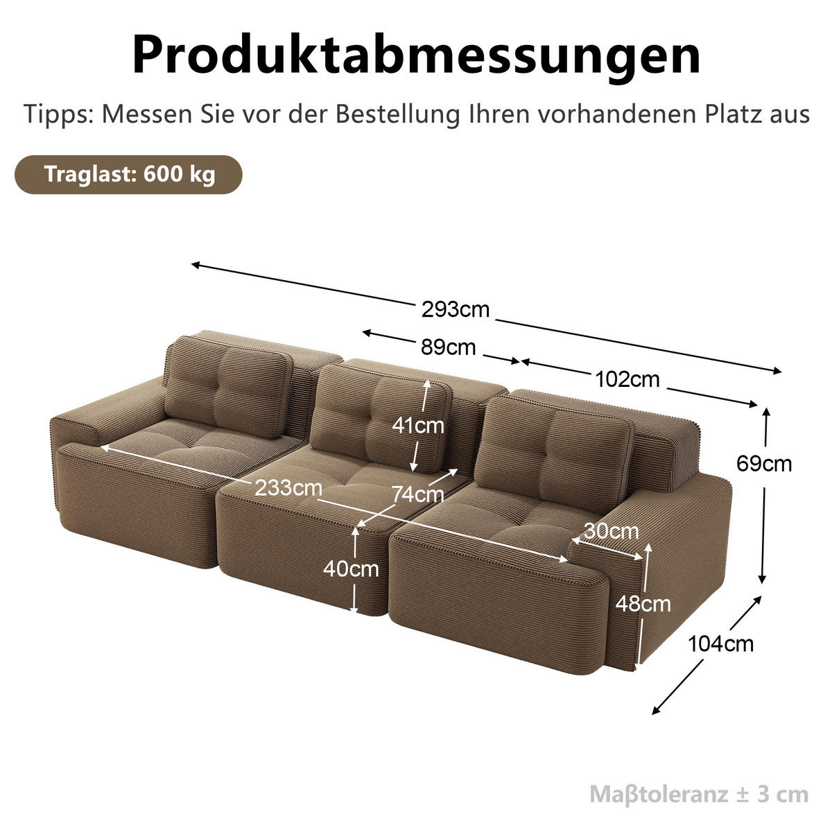 3-SITZER-SOFA DE-34113 modular rahmenlos mit Tiefsitz Braun - Braun, Textil (104/69/293cm) - ComfortXL