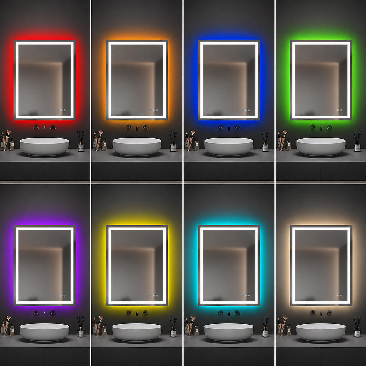 BADSPIEGEL Silber LED RGB Hintergrundbeleuchtung Touch Anti-Beschlag 60x80 cm - Transparent, Glas/Holzwerkstoff (80/60/3cm) - Relaxdays