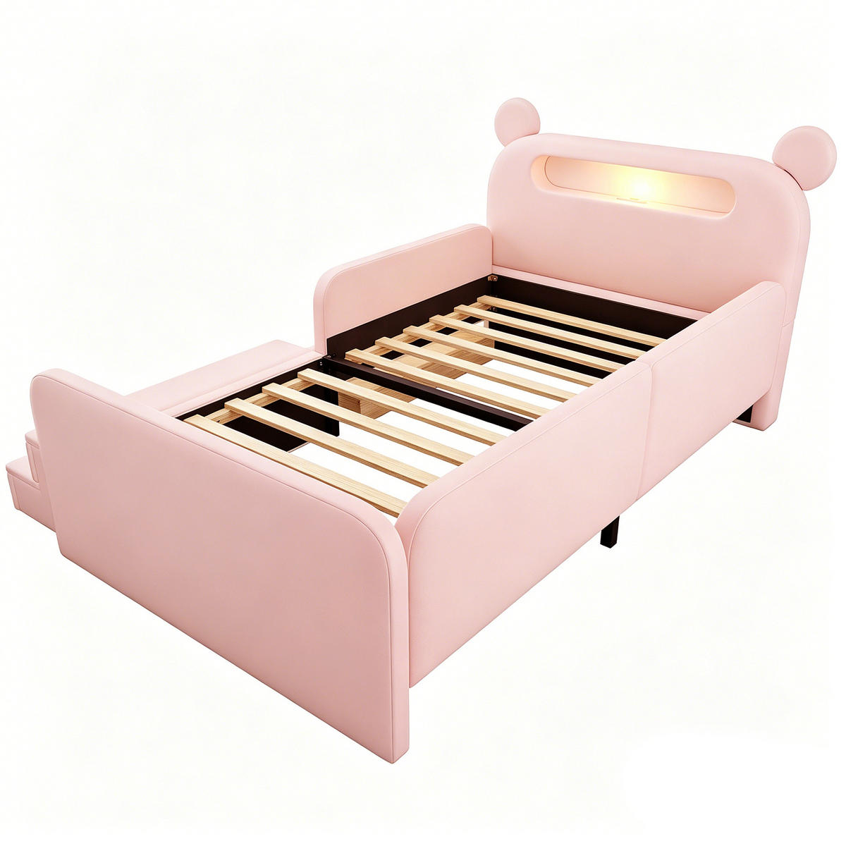 POLSTERBETT 90/200 cm in Rosa Kunstleder mit Nachtlicht, USB, Stauraum und Stufensitz - Rosa, Holzwerkstoff/Textil (90/200cm) - WISHDOR
