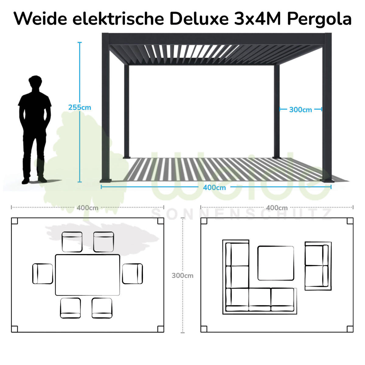 PERGOLA Deluxe Elektrisch Pavillon Terrassenüberdachung Aluminium LED 3 x 4 m - Weiß, Metall (300/255/400cm) - WEIDE