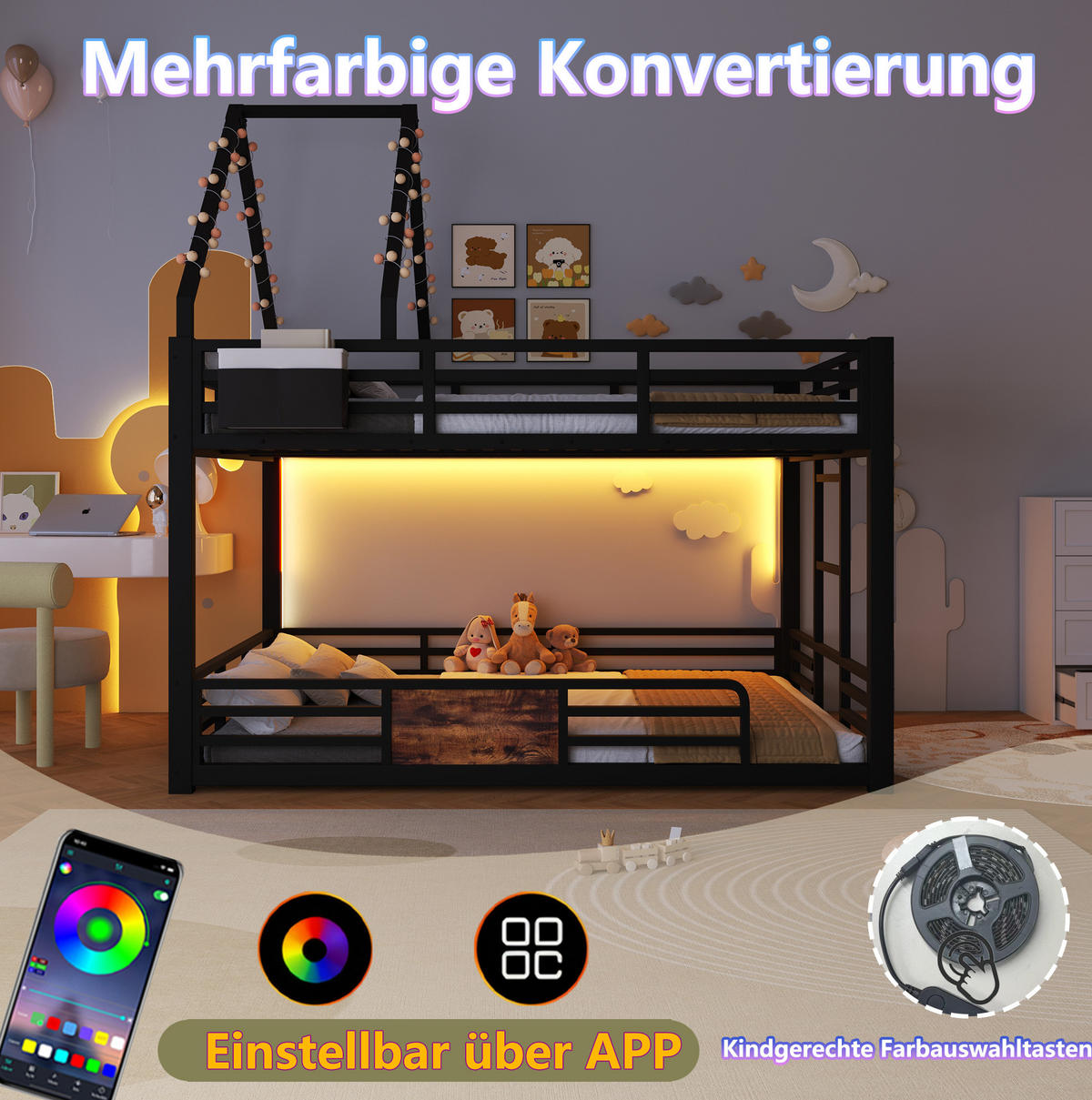 ETAGENBETT Metall & Holzwerkstoff 140x200 cm Schwarz mit LED, Hausbett-Design, Stofftaschen & Sicherheitsgeländer - Schwarz, Metall (140/200cm) - Modfu
