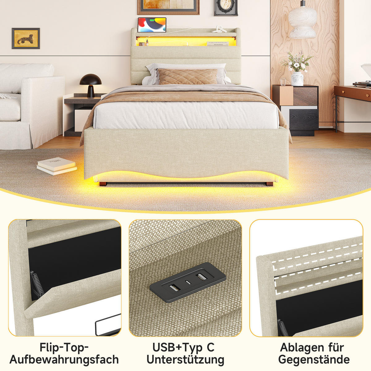 POLSTERBETT 90x200cm Beige LED Hydraulik USB Leinen - Beige, Holz (90/200cm) - FLIEKS